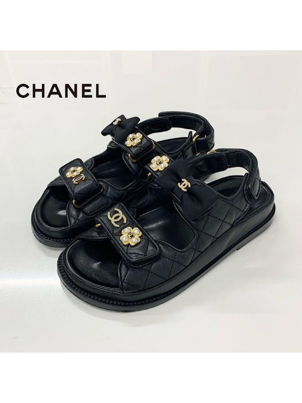 Chanel CC Logo Quilted Ribbon Leather Velcro Sandals